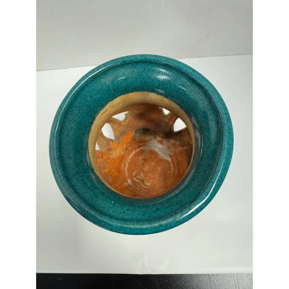 Vintage 1993 RAD Studio Pottery Drip Glaze‎ Cutout Vase Teal Burgundy Orange 5